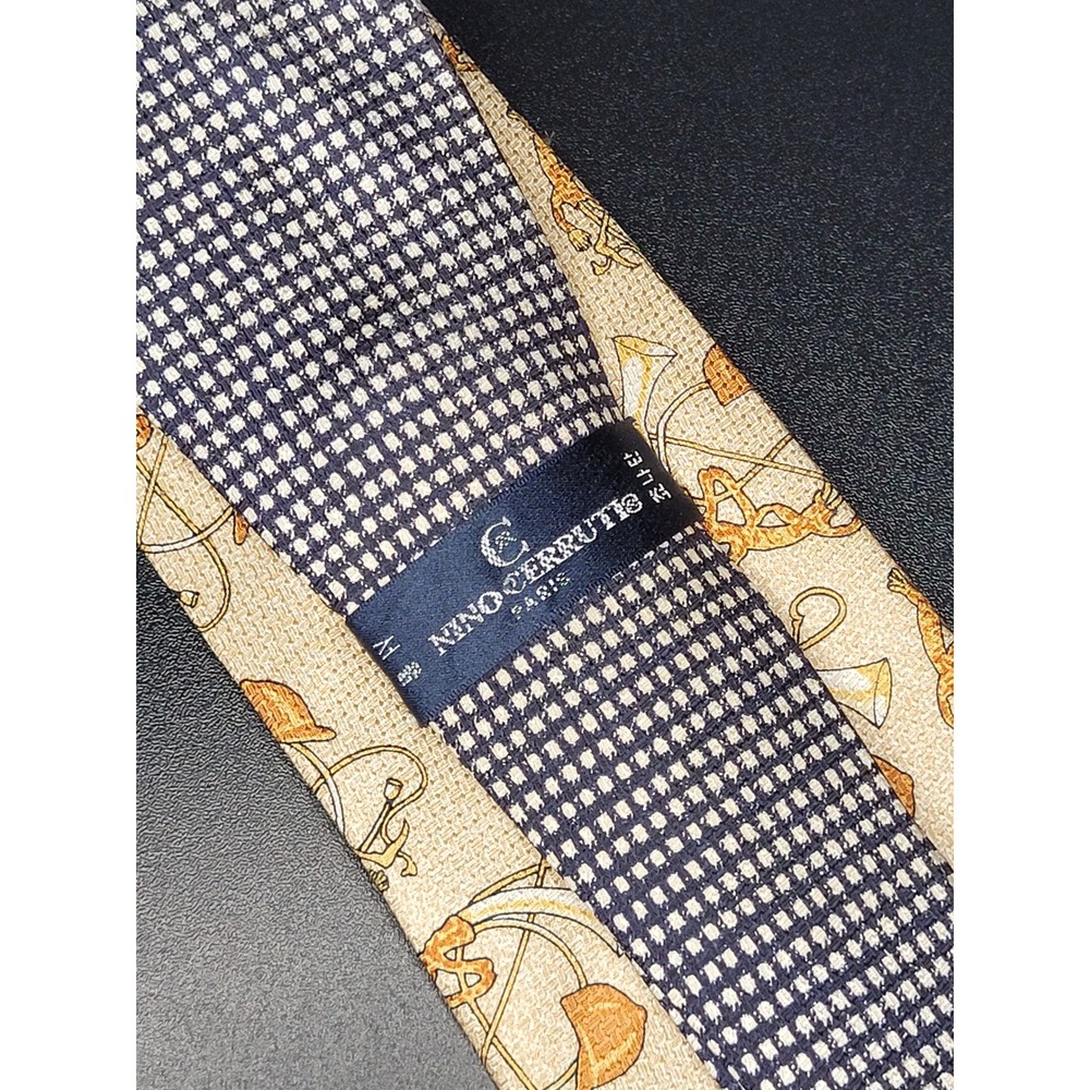 Nino Cerruti Paris Silk Tie Navy Tan Equestrian Hunting Horn Check 3.75